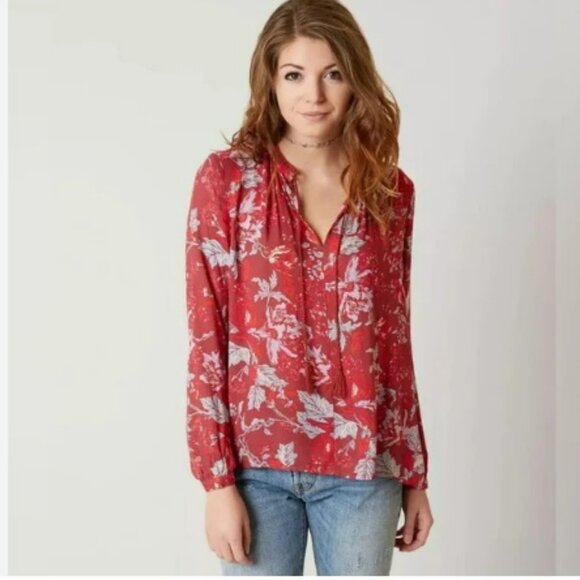 Lucky Brand Tops - Lucky Brand Red Floral Peasant Top Fringe Tassels XS